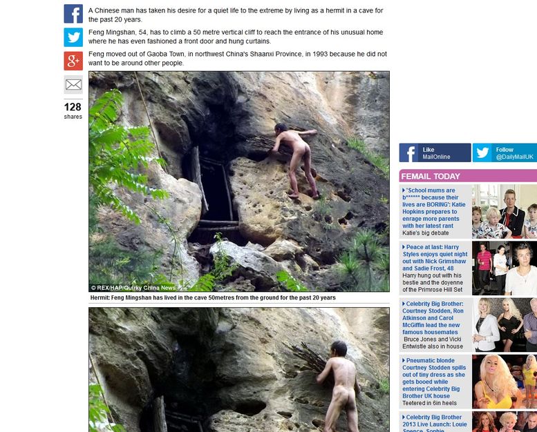 Гол китаец живее 20 години в планинска пещера на 50 метра над земята
