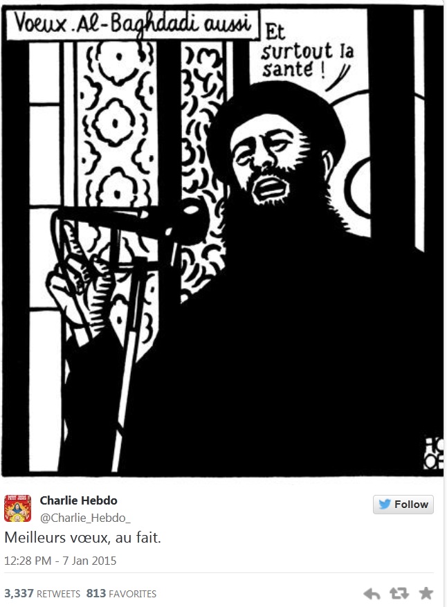 Това е карикатурата на джихадиста Абу Бакр ал Багдади, потопила Париж в кръв