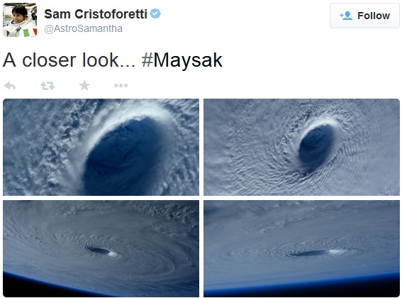 Астронавката Саманта снима от Космоса окото на супертайфуна Майсак