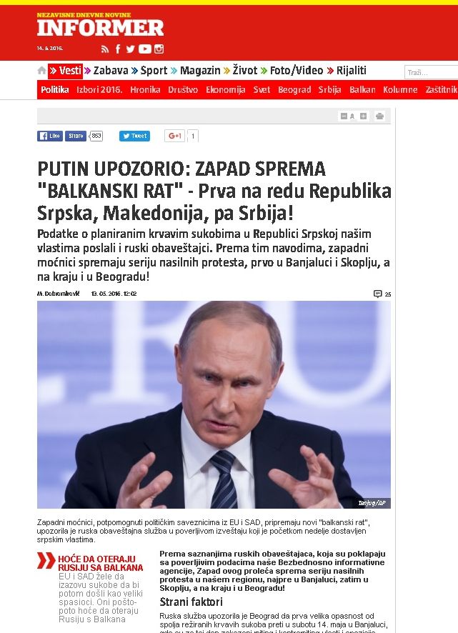 Informer.rs: Владимир Путин очаква САЩ и Великобритания да разпалят война на Балканите