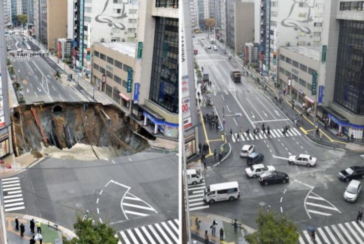 Така ремонтират в Япония: Само след 2 дни няма следа от гигантската яма на булевард във Фукуока  