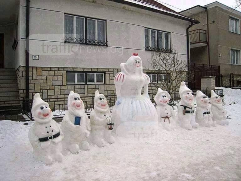 Зимно творчество: Снежанка и седемте джуджета се появиха пред къща в Панагюрище (СНИМКA)