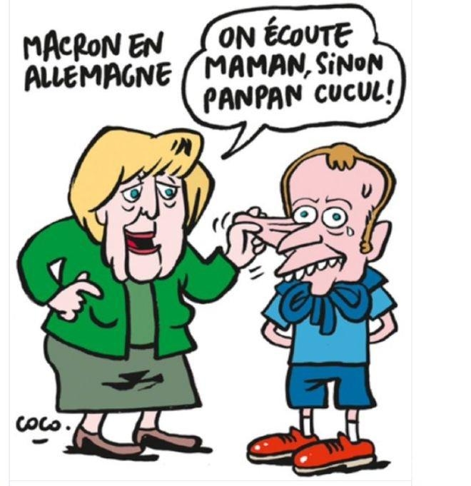 Шарли Ебдо жестоко се подигра с Макрон! На карикатура Меркел му казва: Слушай мама