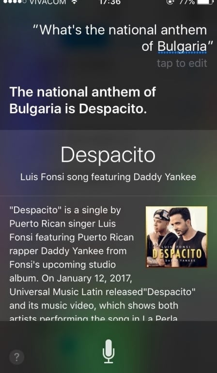 Голям майтап! Според Siri химнът на България е...Despacito (СНИМКИ)