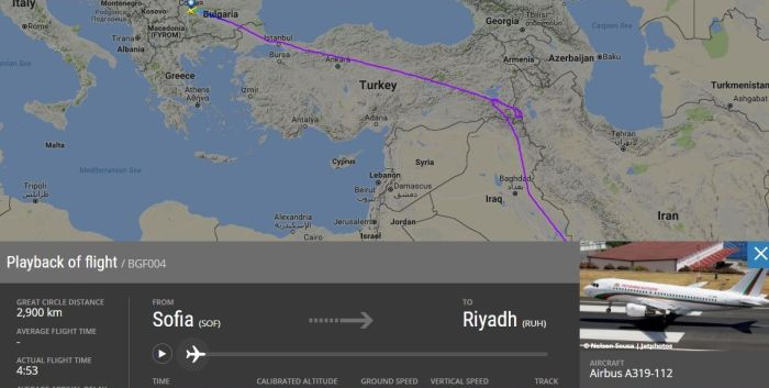 Flightradar показа усуканата маневра на нашия правителствен самолет, пресрещнат от ирански изтребители на път за Рияд (КАРТА) 