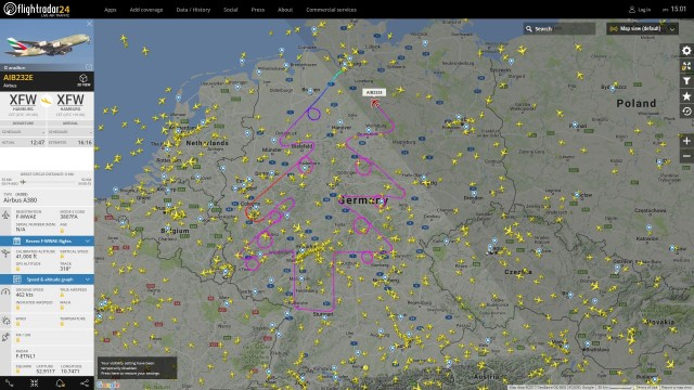 Изпитателен „Еърбъс” А380 кръжа 4 часа в небето над Европа! Flightradar24 показа усуканата му маневра, която шашардиса всички