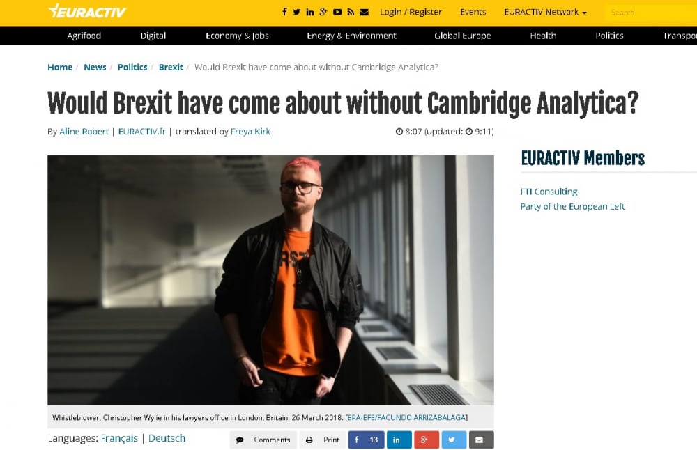 Разобличител сензационно: Cambridge Analytica е "виновна" за "Брекзит'