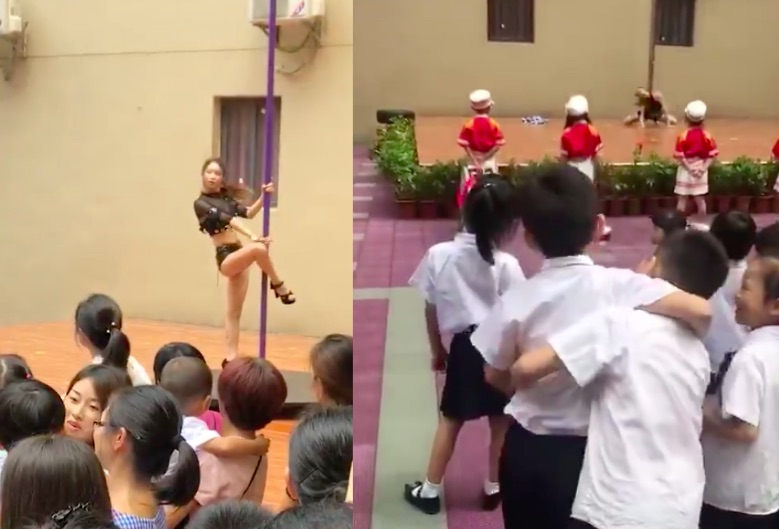Забавачка приветства малките си ученици с танц на пилон, изпълнен от разголена девойка (СНИМКИ/ВИДЕО)