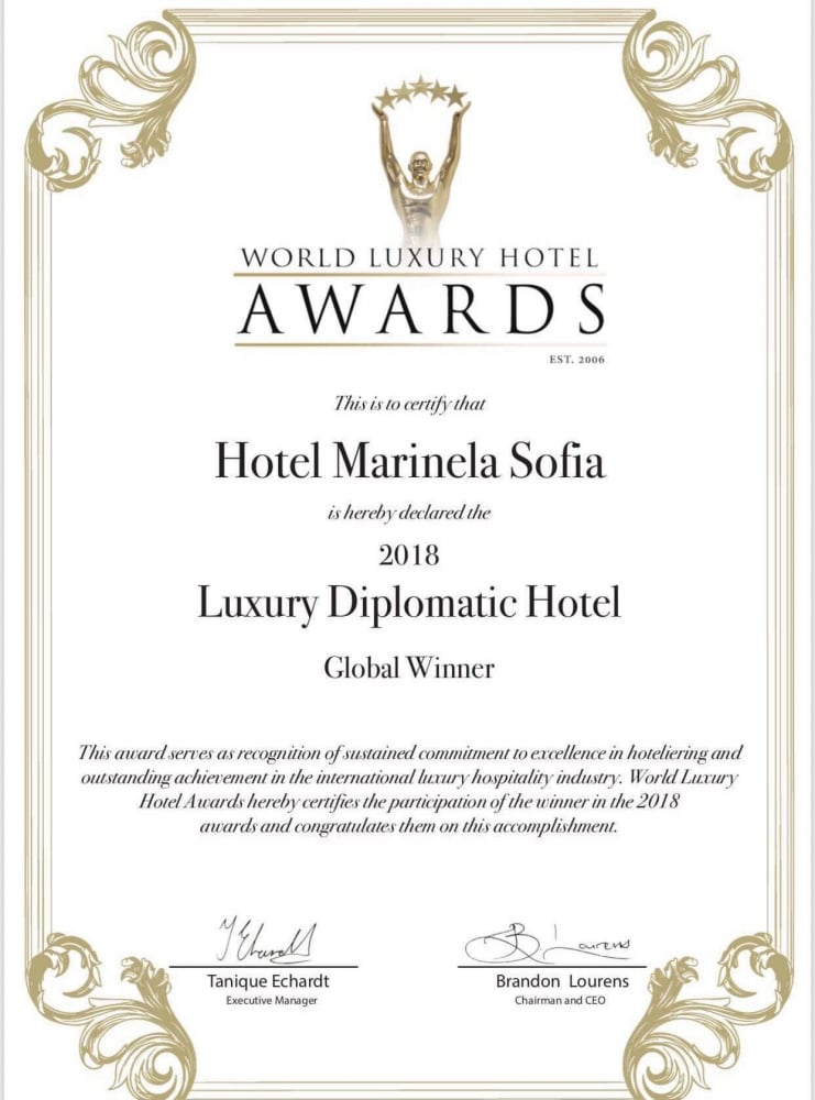 Хотел Marinela Sofia за пореден път с престижно отличие от световната организация World Luxury Hotel