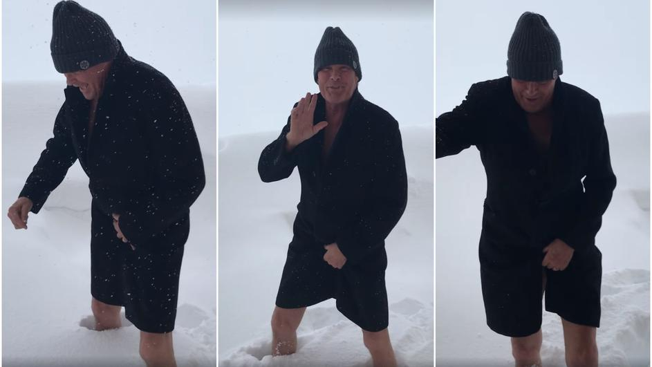Дейвид Хаселхоф в снежен капан в Австрия, гази в преспи до коляно по халат и ботуши (СНИМКИ/ВИДЕО)