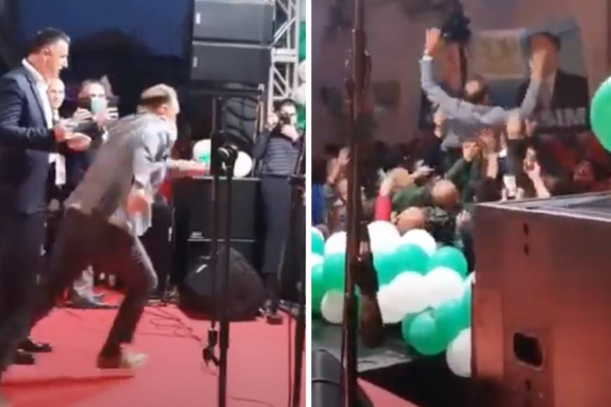 Зрелищно ВИДЕО: Сръбски министър се метна от трибуната върху тълпата като рок звезда 
