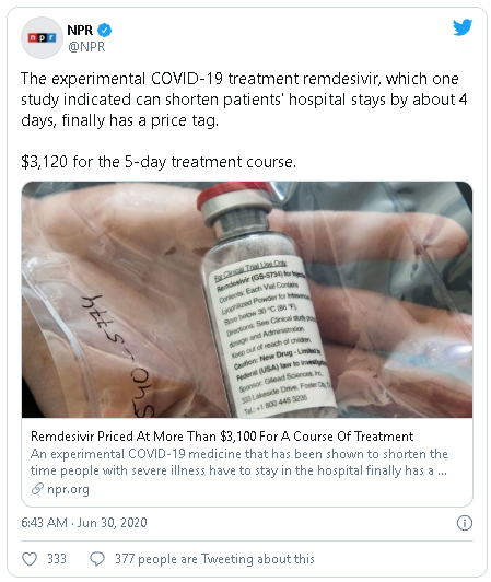 Обявиха колосална цена за лекарството срещу COVID-19 