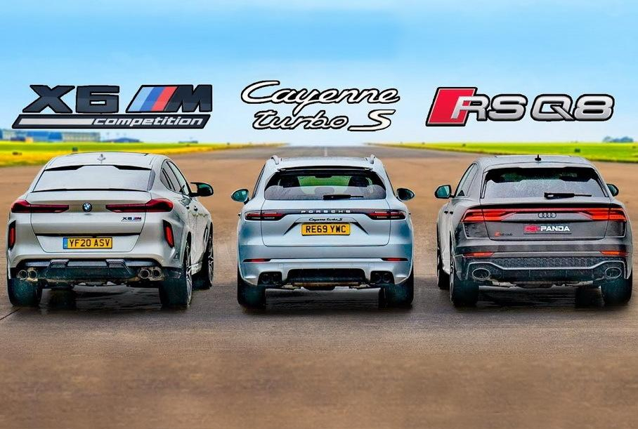 Драг дуел: Audi RS Q8 срещу BMW X6 M и Porsche Cayenne Turbo S ВИДЕО