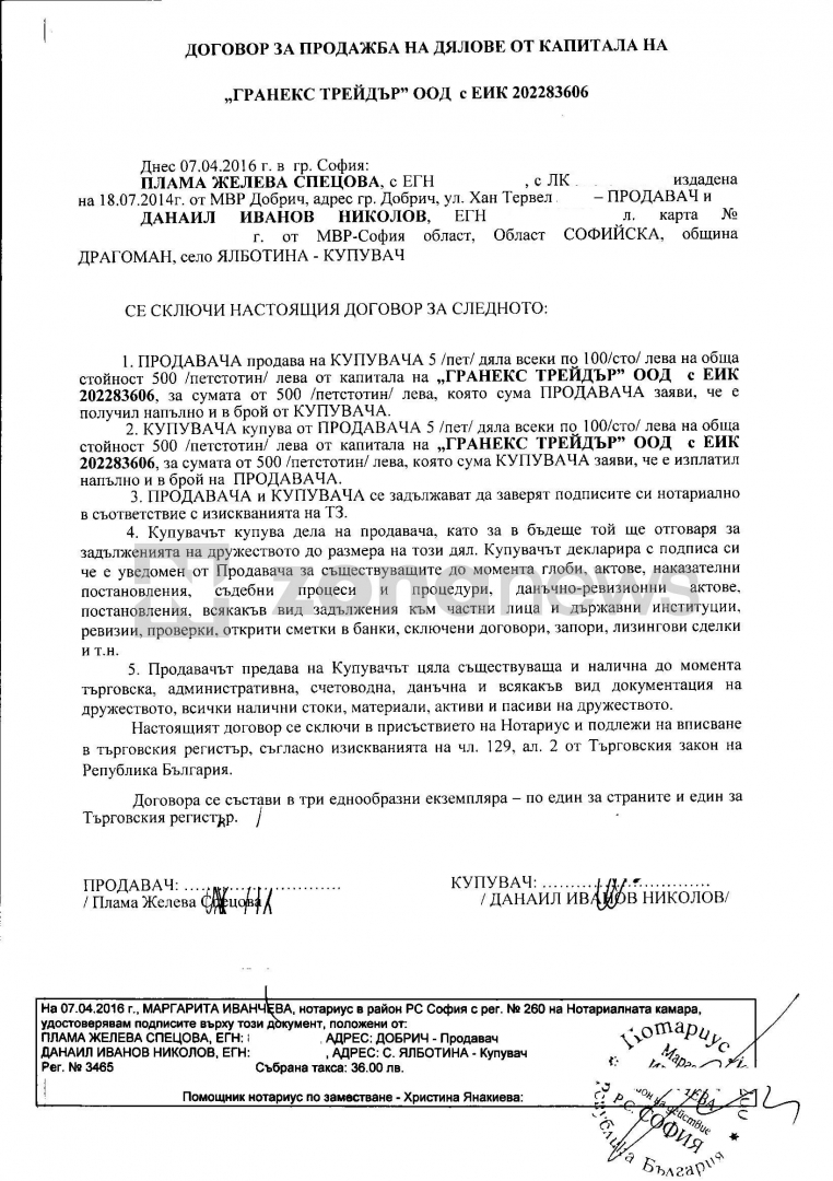 Лъсна ДОГОВОРЪТ, с който Спецов е прехвърлил фирмата си на кримигерой с 4 присъди 