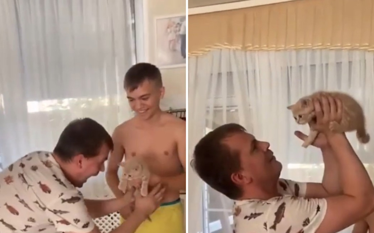 Реакцията на баща към малко котенце умили интернет ВИДЕО
