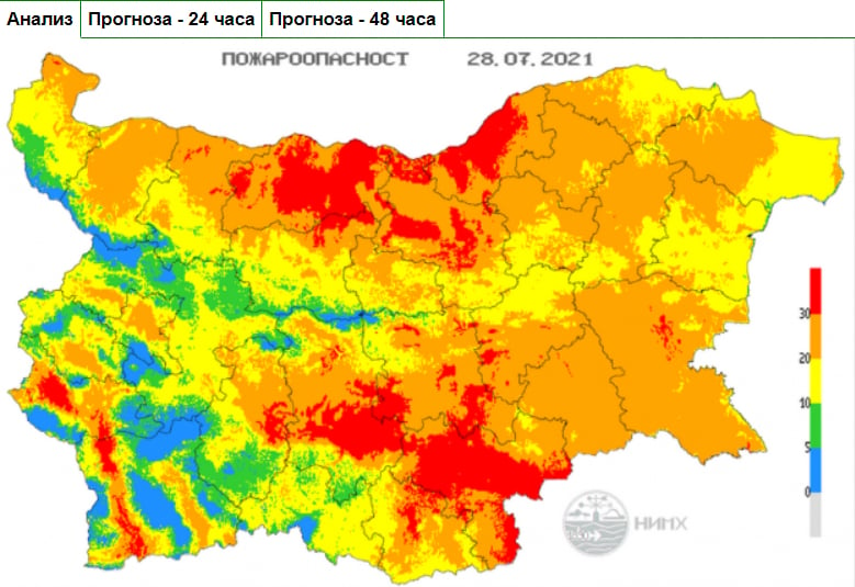 НИМХ алармира за екстремален индекс за пожароопасност КАРТА