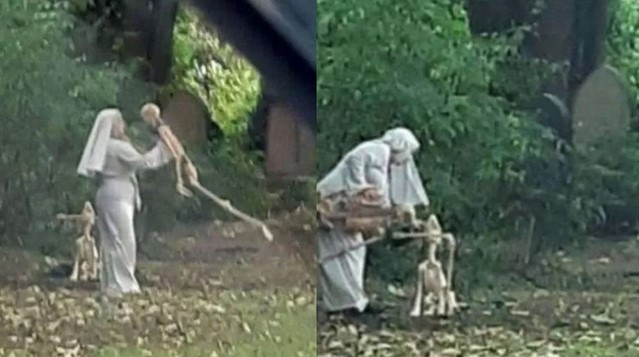 Зловещо: Монахиня танцува със скелети в изоставено гробище СНИМКИ 