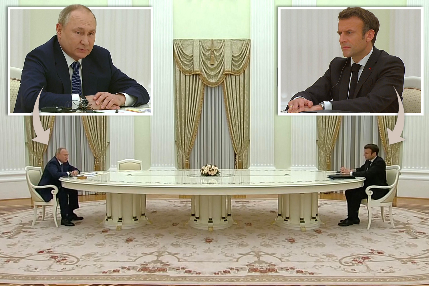 Кремъл със своя версия за „голямата маса“ с Путин и Макрон, която изуми света 