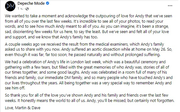 Стана ясно каква е причината за смъртта на Анди Флетчър от "Депеш мод"