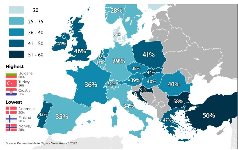 Проучване: Българите с най-голямо недоверие към новините по телевизиите в ЕС КАРТА