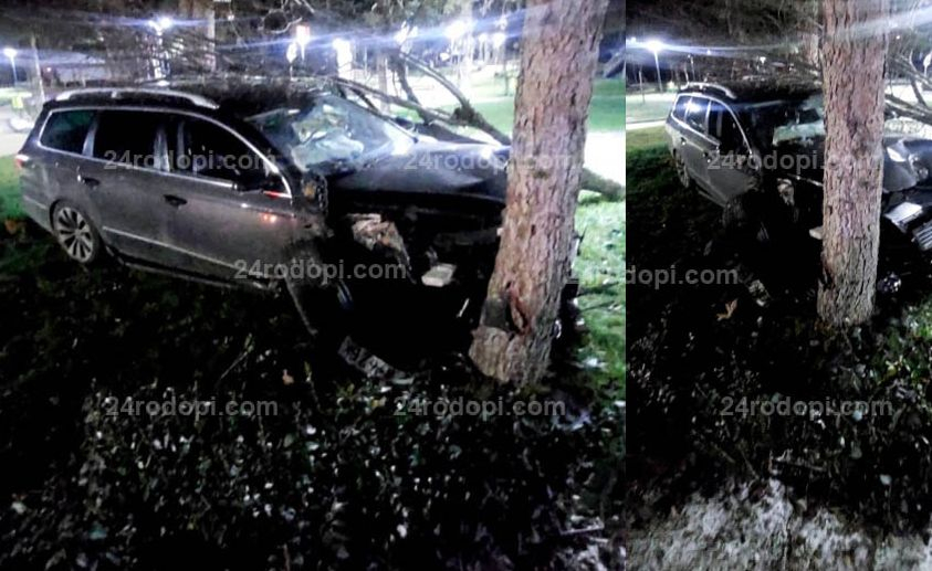 Млад шофьор катастрофира зрелищно, отсече дърво и спря в парка! СНИМКИ