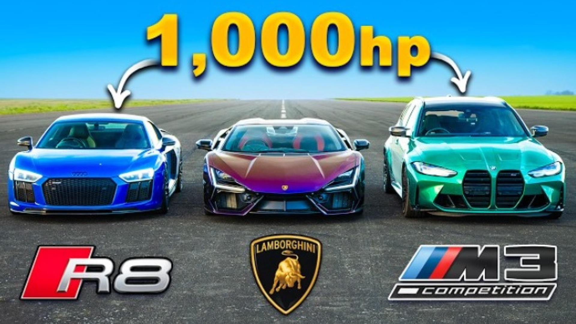 Lamborghini Revuelto срещу BMW M3 и Audi R8 в зрелищна гонка с общо 3000 к.с. ВИДЕО