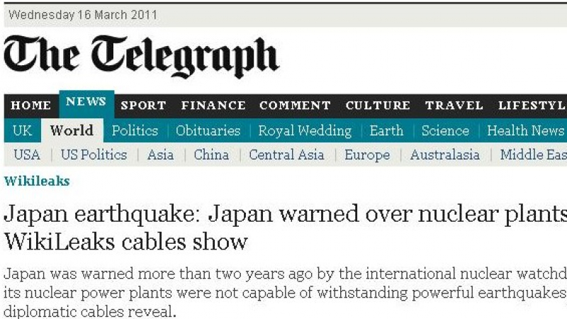 &quot;Уикилийкс&quot;: Япония е знаела, че АЕЦ &quot;Фукушима&quot; е рисков