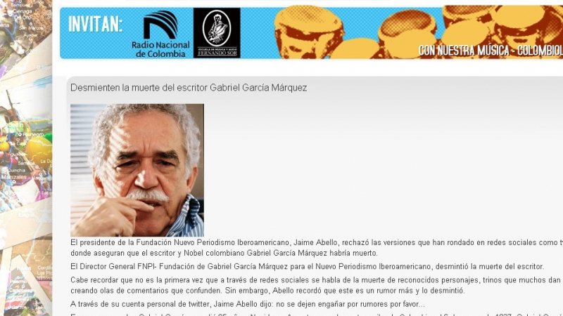 Колумбийското национално радио: Маркес е жив!