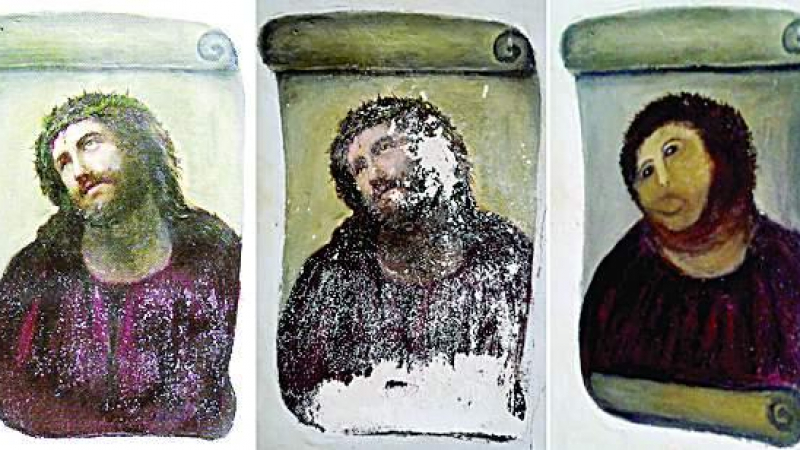 Откачената баба, която съсипа фреска с Исус, започна да печели от творбите си  