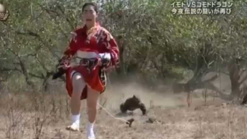 Луди японци: Жена в кимоно надбягва комодски варан (ВИДЕО)