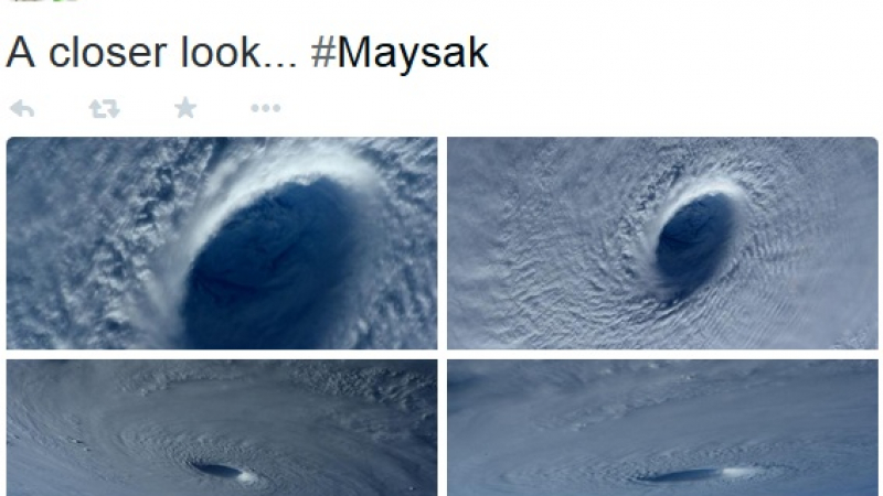 Астронавката Саманта снима от Космоса окото на супертайфуна Майсак