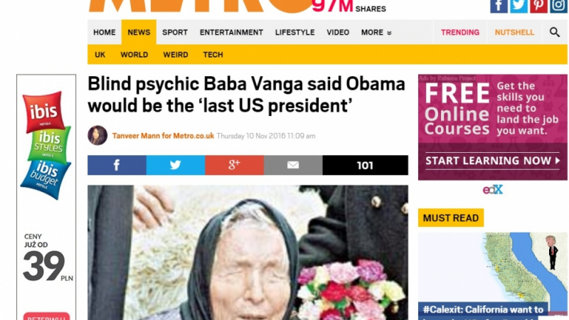 Metro.co.uк: Баба Ванга предсказа, че Обама ще е последният американски президент