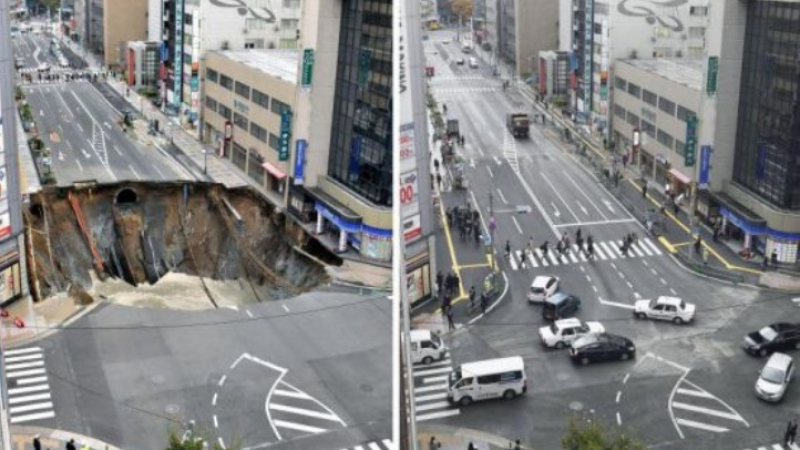 Така ремонтират в Япония: Само след 2 дни няма следа от гигантската яма на булевард във Фукуока  