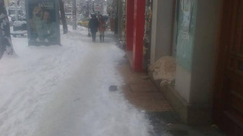 Снегът затрупва още един увит в одеяло човек в центъра на София, никой не реагира (СНИМКА)