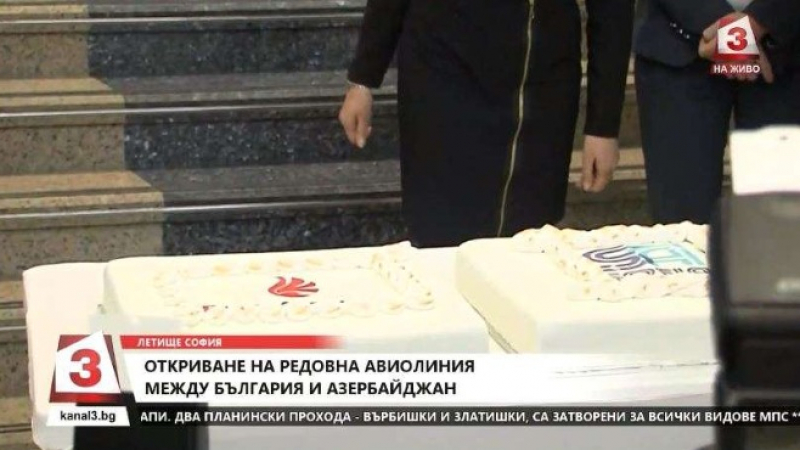 Разрязаха голяма торта послучай първия полет Баку - София (СНИМКИ)