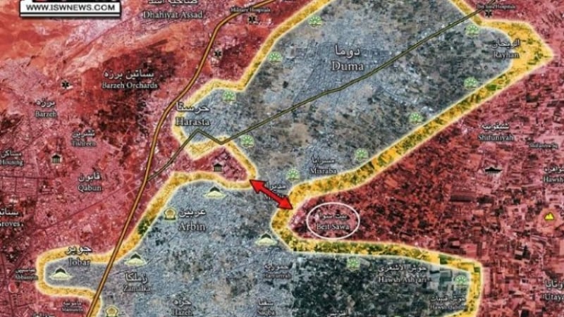 Almasdarnews: Остава 1 км до разсичане на „котела” на терористите в Източна Гута (КАРТА)