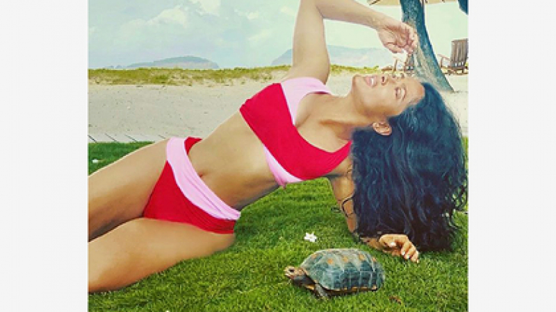 Салма Хайек се снима по бикини и с костенурка 