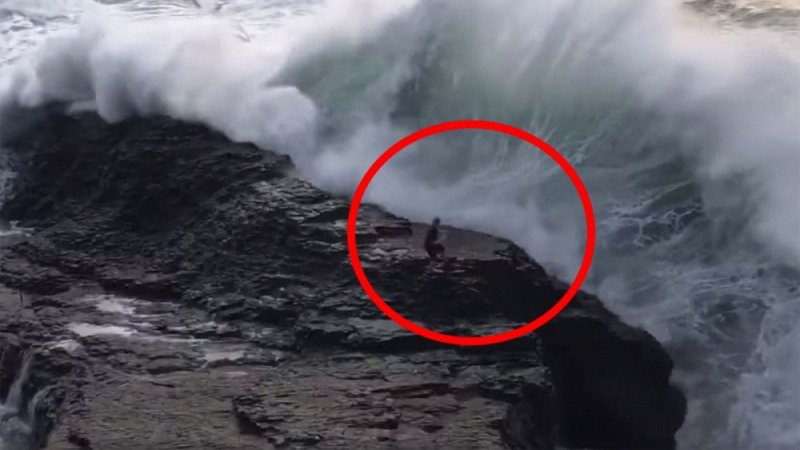Вижте как огромна вълна хвърли в океана мъж, застанал на скала ВИДЕО