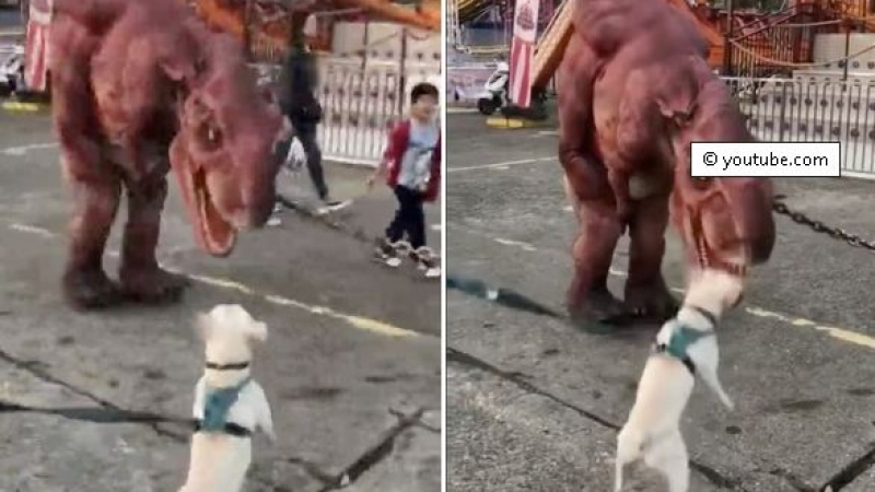 Битката между смело куче и динозавър, който го дразни, беше заснета на ВИДЕО