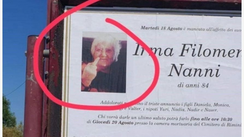 Некролог на старица, размахваща среден пръст, взриви Италия