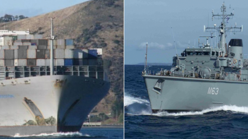 Корабокрушение: Португалски контейнеровоз помете гръцки военен миночистач ВИДЕО