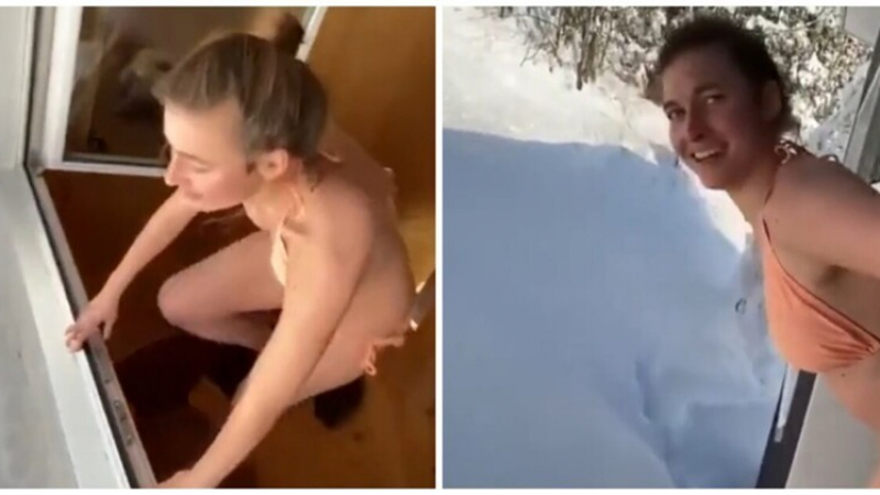 Зрелище: Момиче по бански скочи от втория етаж в снежна преспа ВИДЕО 