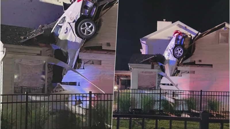 Зрелище: Кола влетя през покрива на къща в спалнята на семейство ВИДЕО