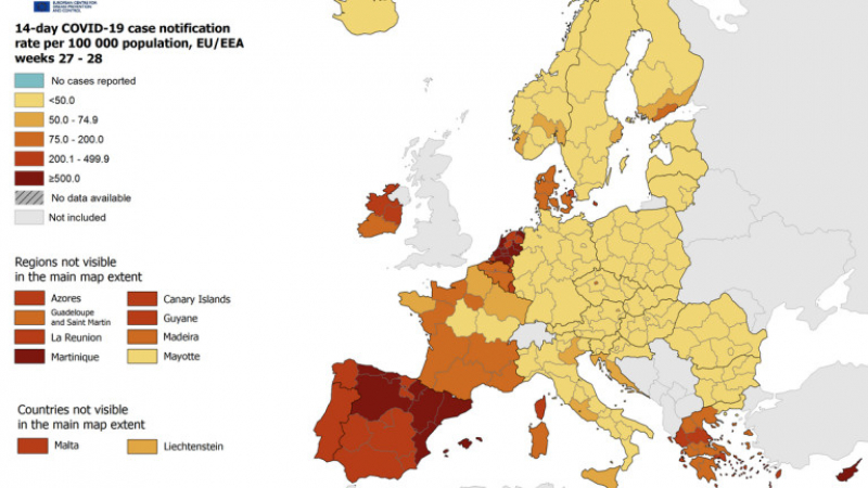 Тревожно: Европа преминава от зелено към оранжево за К-19
