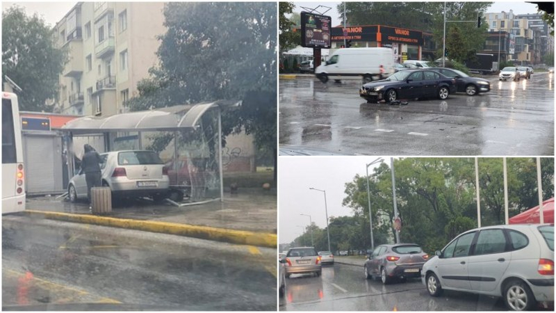 Голф се вряза в автобусна спирка в Пловдив СНИМКИ