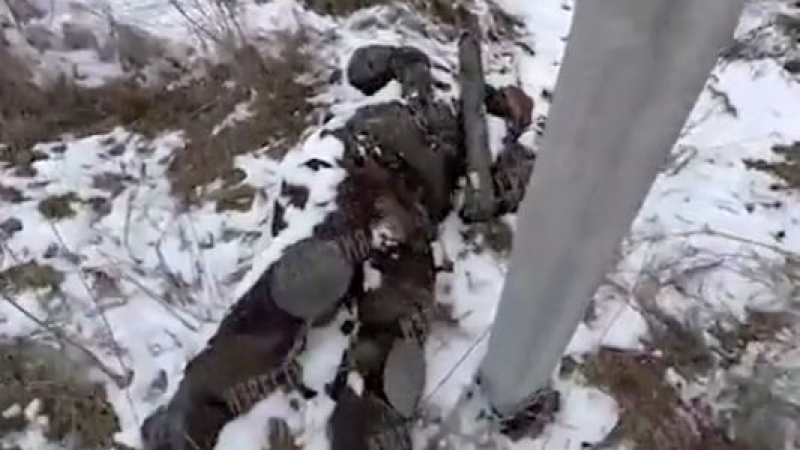 Брутално ВИДЕО 18+ на загинал украински войник, прикован с верига за стълб, от националистите, за да не може да отстъпи