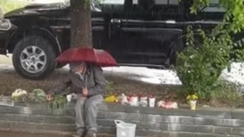 ВИДЕО с възрастен мъж под проливния дъжд разтърси мрежата 