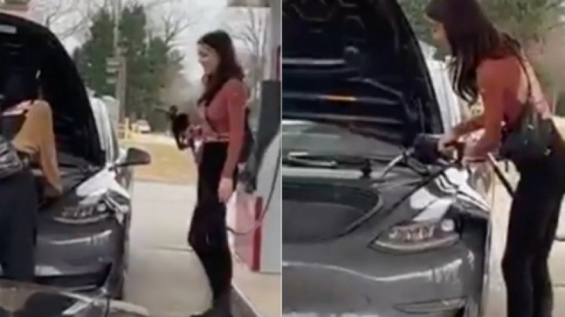 Уникално ВИДЕО: Вижте как две млади жени се опитват да заредят Tesla с бензин
