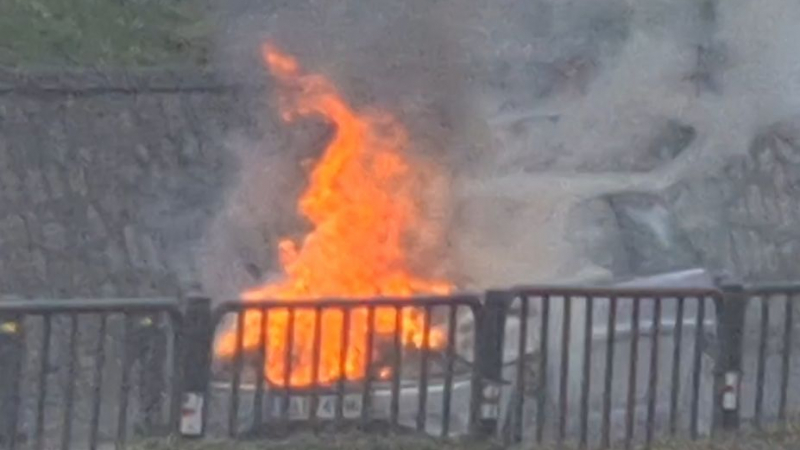 Кола избухна в пламъци в час пик в Пловдив СНИМКИ
