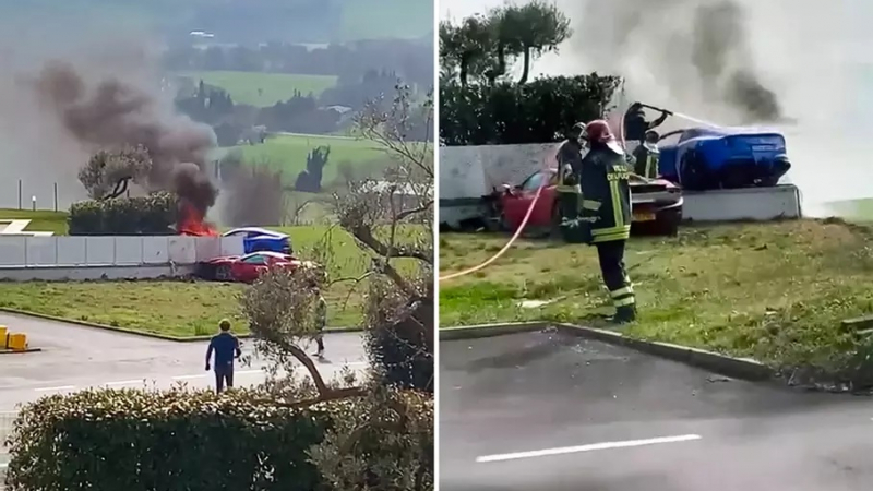 Зверска катастрофа: Две Ferrari-та с полет се забиха в оградата на вилата ВИДЕО